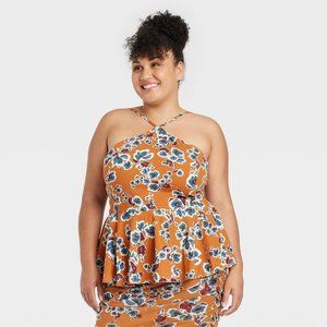 Women's Plus Size Babydoll Peplum Halter Top - Ava & Viv Copper Floral Size 1X